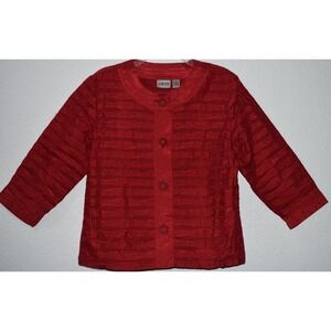 Chicos Jacket Blazer Sz 1 (8-10) Red Shimmer Wavy Pintuck Button Front Dressy